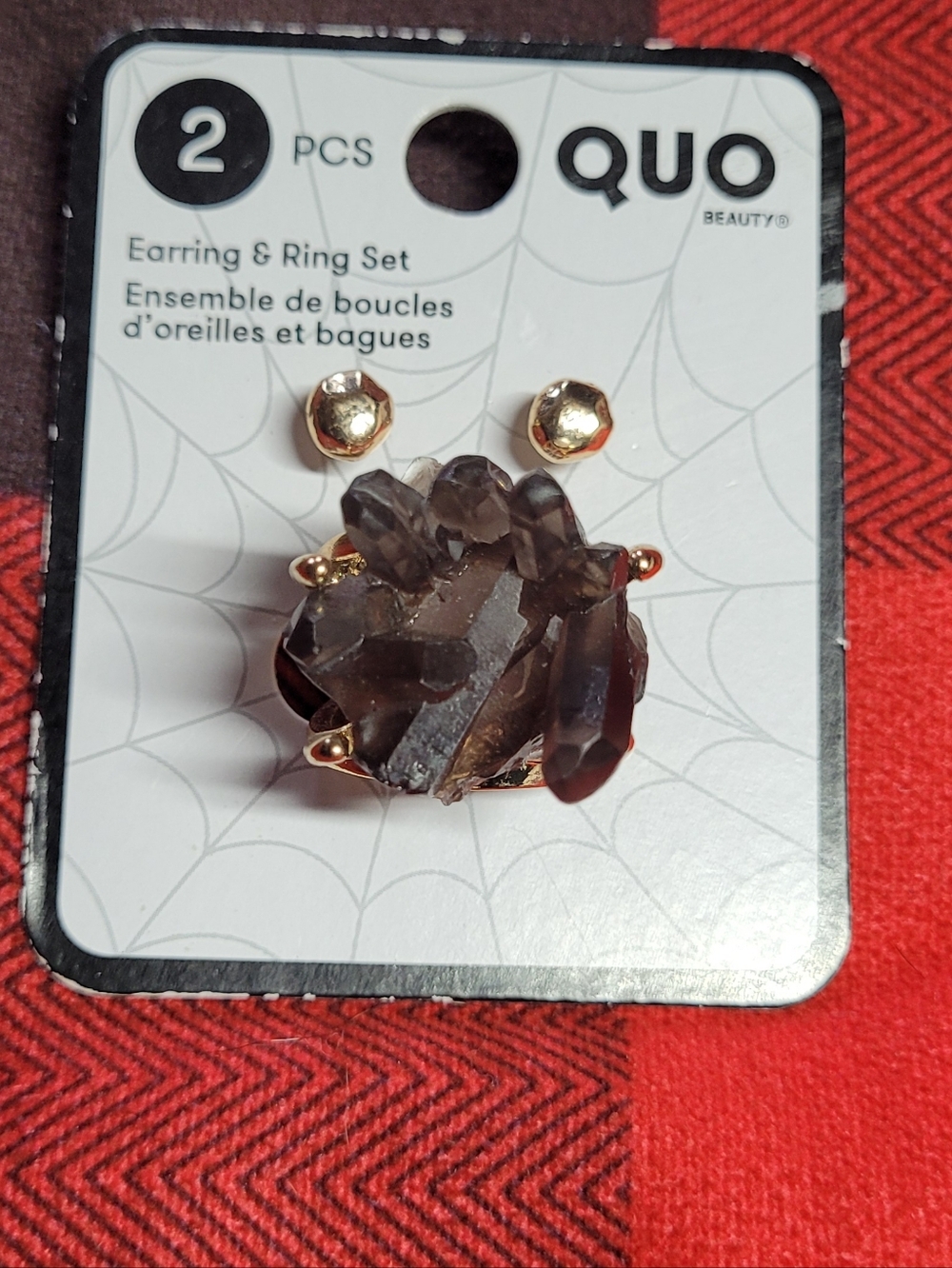Quo Beauty Brand Earring & Ring Set Featuring a Dark, Druzy-style Cluster Stone